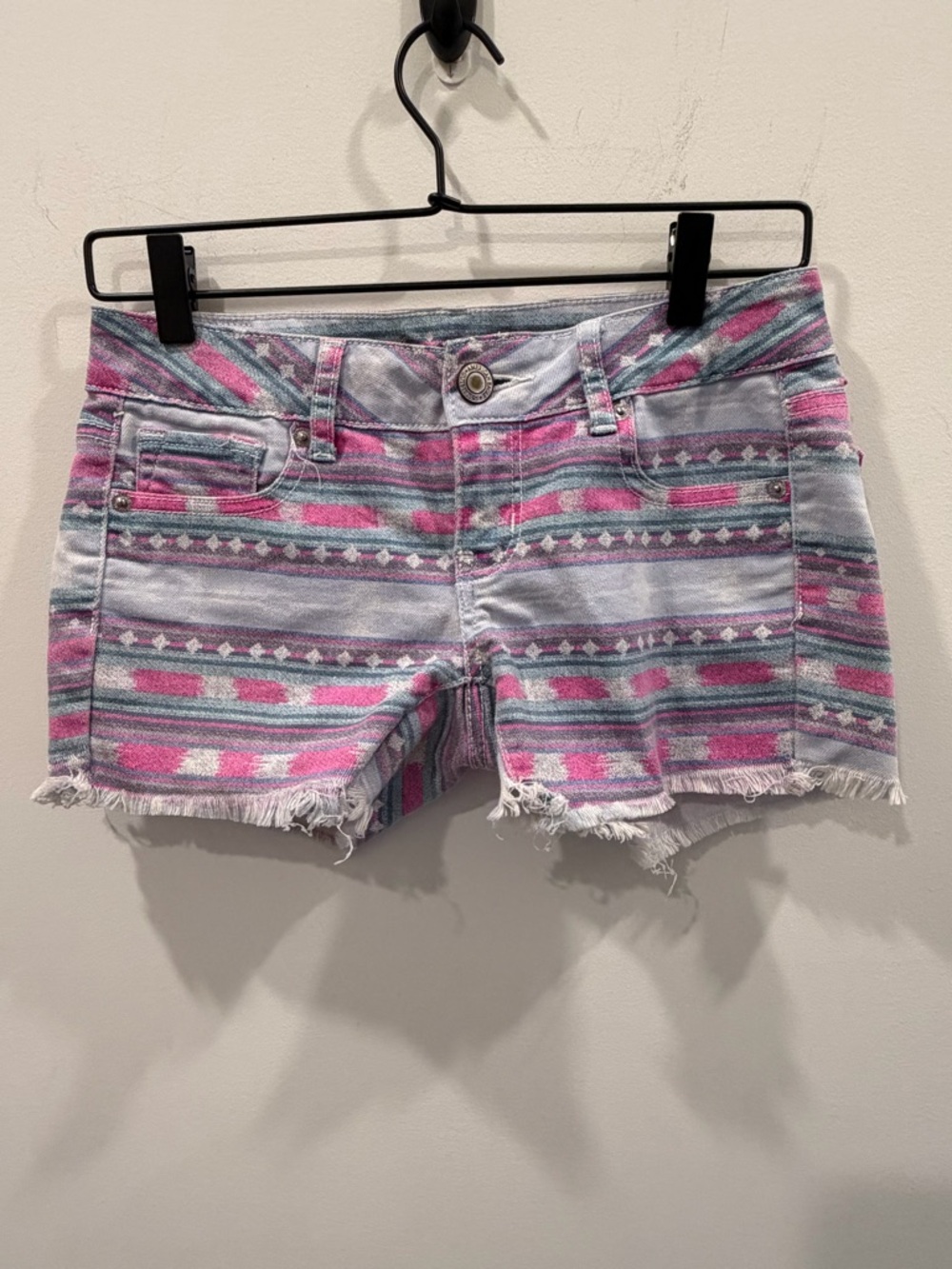 American Eagle Outfitters Y2K Pink & Gray Striped Denim Cutoff Shorts